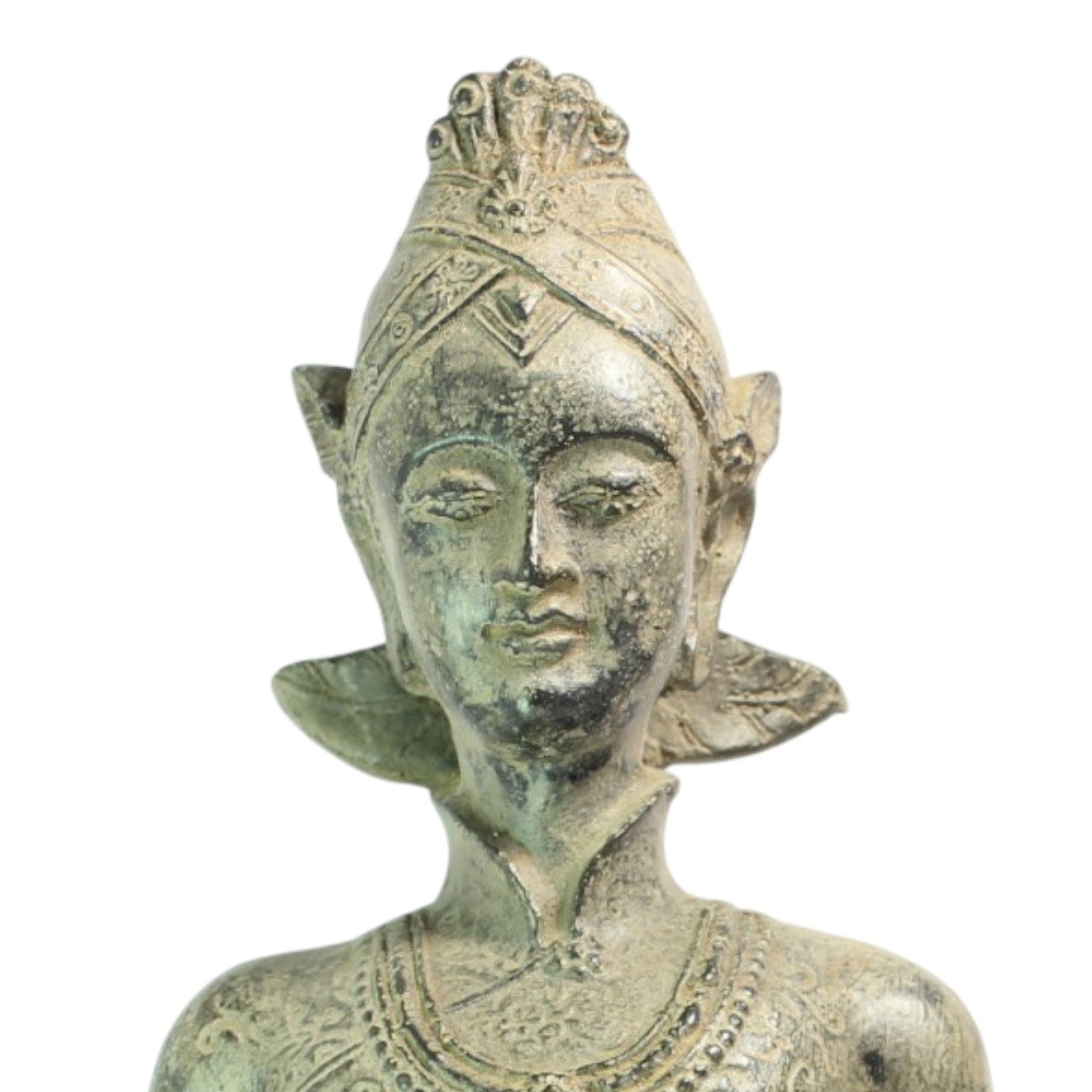 Close-up of the male figure's carved headdress and face detail