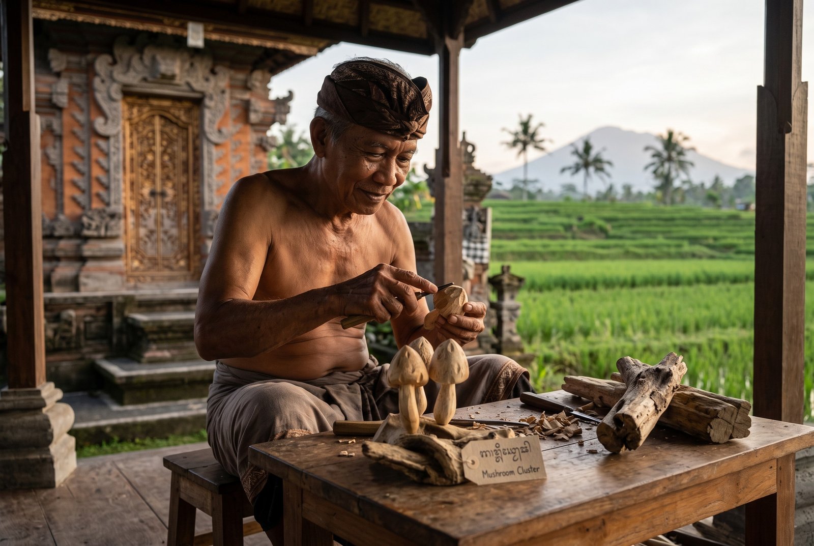 Balinese woodcarver hand-carving a wooden mushroom cluster sculpture
