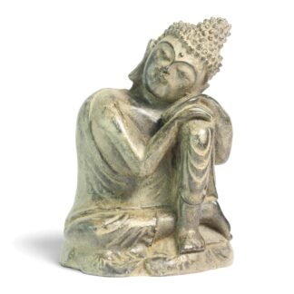 Resting Buddha resin statue, front angle showing head leaning on knee