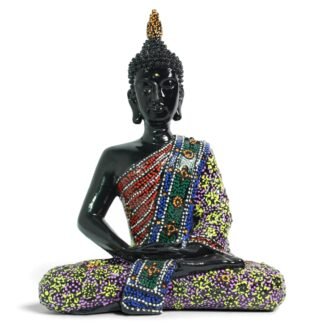 Front view of black resin Buddha statue with colorful dot-painted robe