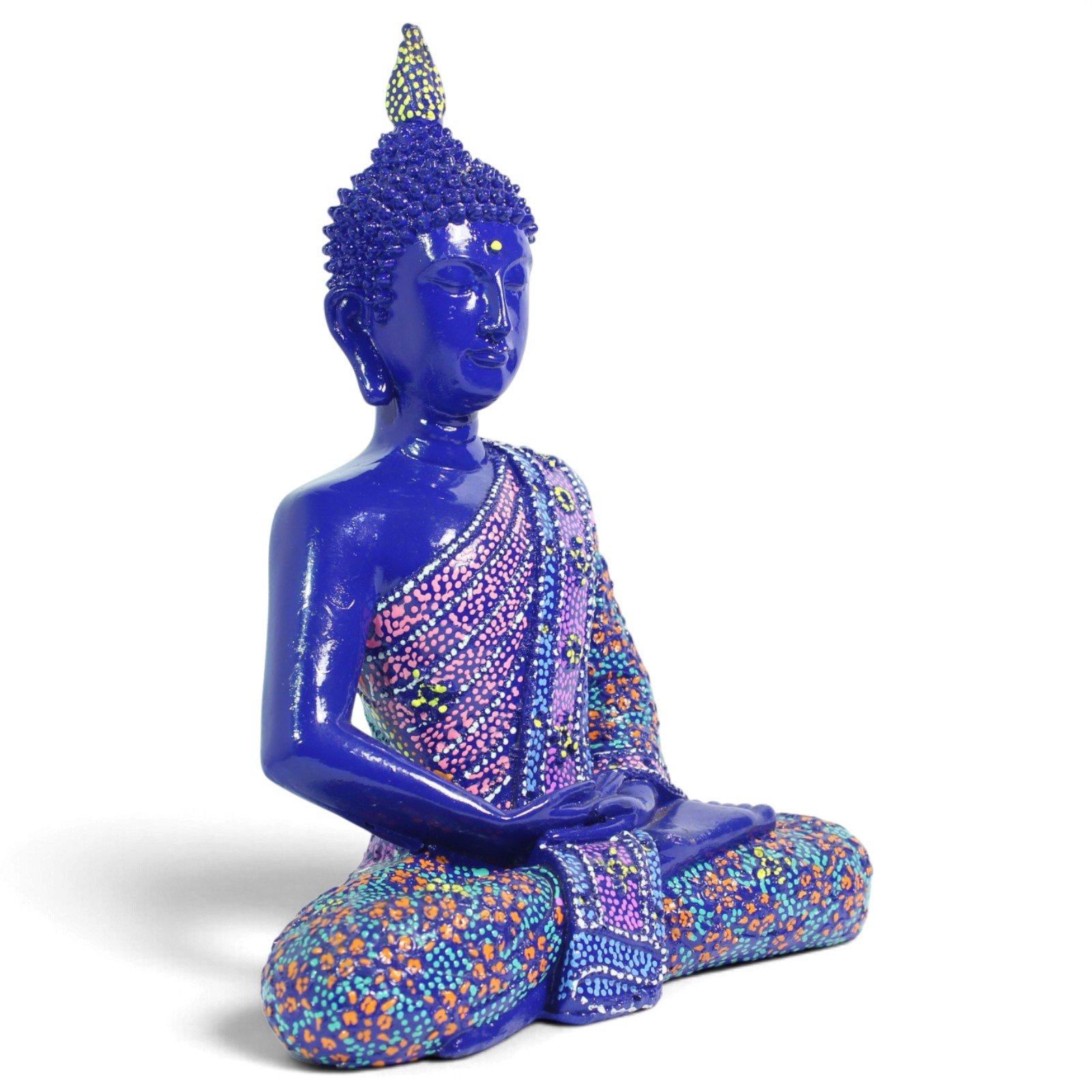 Right side view of Buddha figurine highlighting robe folds and seated pose