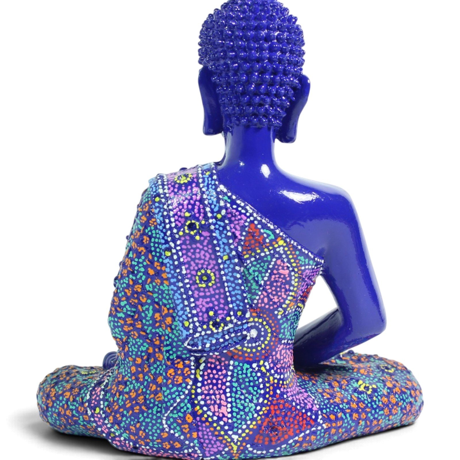 Rear view of Buddha figurine showing painted robe draping down the back