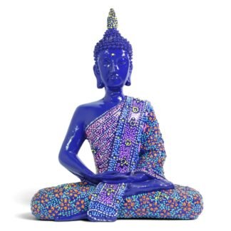 Blue resin Buddha figurine seated in meditation, front view with painted robe pattern