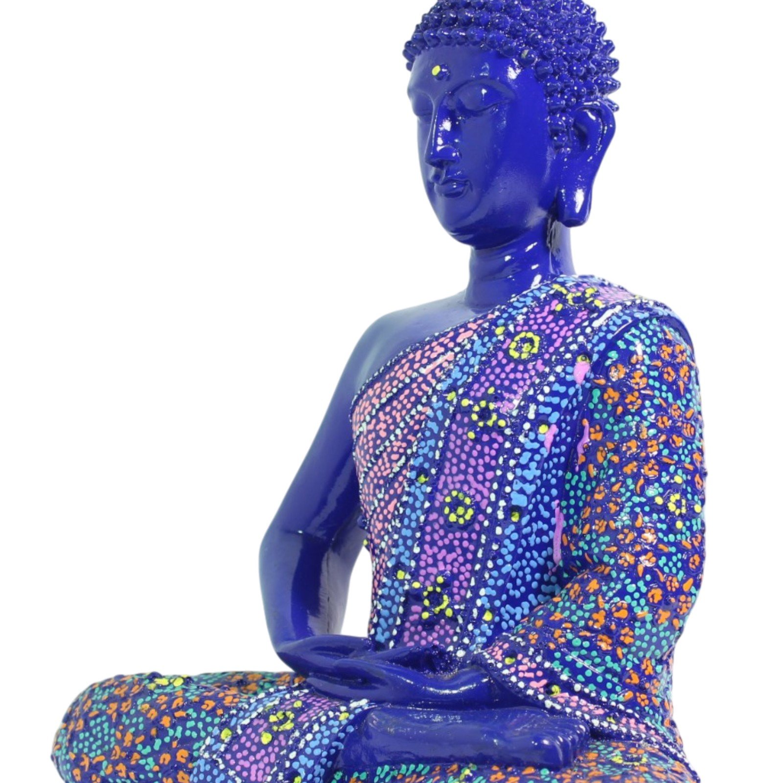 Close-up of Buddha's face and shoulders showing painted robe detail