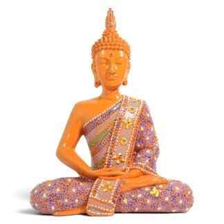 Front view of orange painted meditating Buddha statue with colorful dot-painted robe