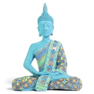 Front view of turquoise painted Buddha figurine seated in meditation pose