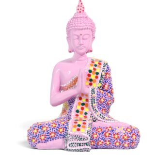 Front view of pink resin Buddha figurine with colorful dotted robe, hands folded in prayer