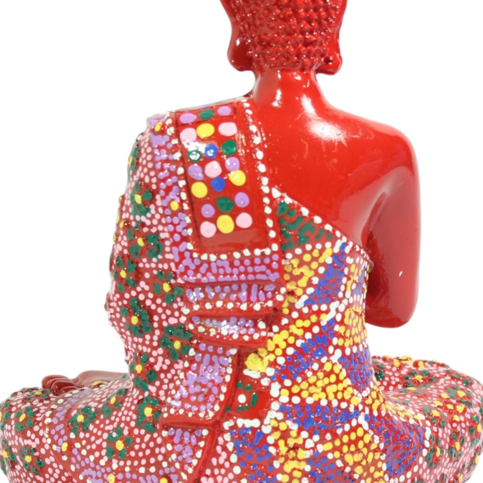 Back view close-up showing dot-art robe design across the shoulders