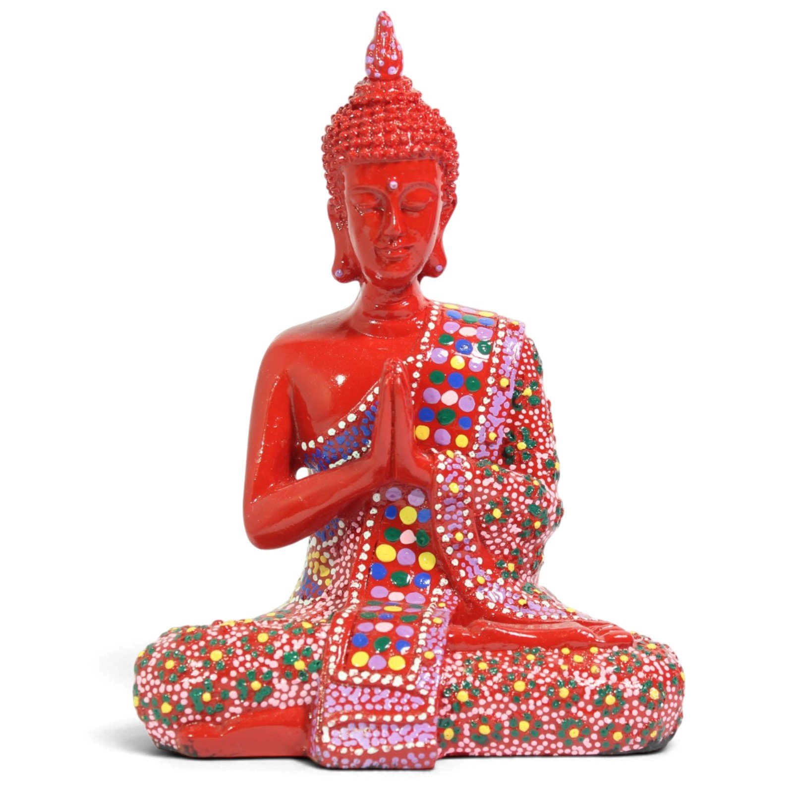 Front view of red resin Buddha in prayer pose with colorful hand-painted dot patterns