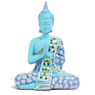 Front view of turquoise painted Buddha figurine seated with hands in prayer position