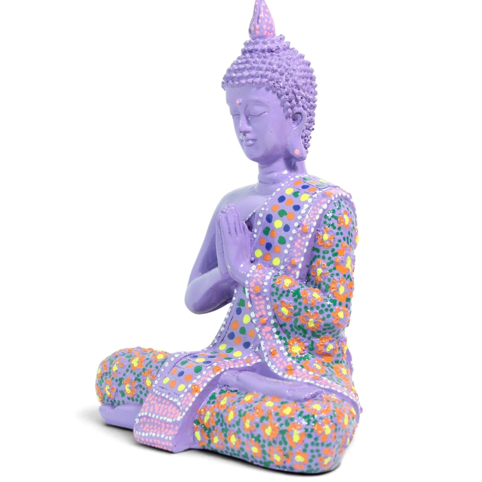 Three-quarter angle view of the violet Buddha figurine showing the painted robe and seated pose