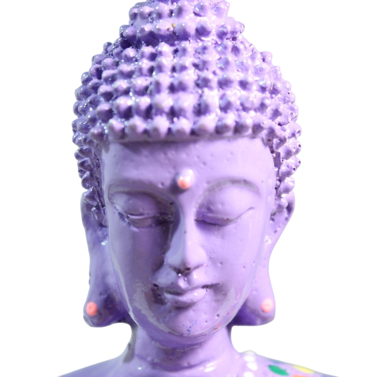 Close-up portrait of the Buddha's face showing textured hair and painted earring details