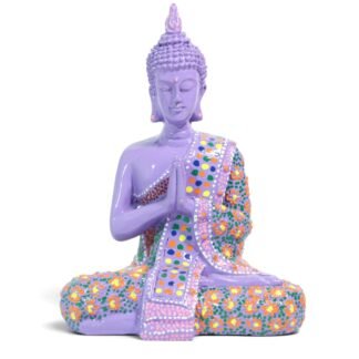 Front view of violet seated Buddha figurine with hands folded in prayer and painted floral robe