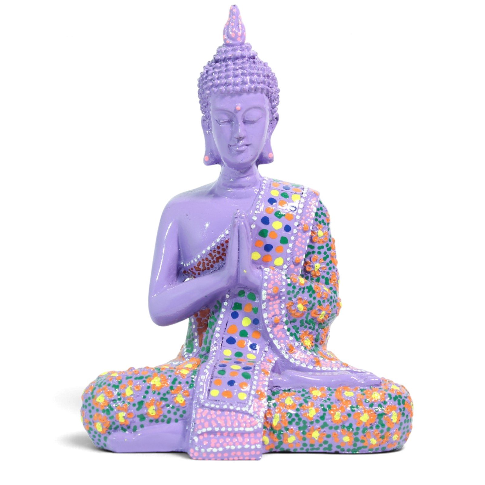 Front view of violet seated Buddha figurine with hands folded in prayer and painted floral robe