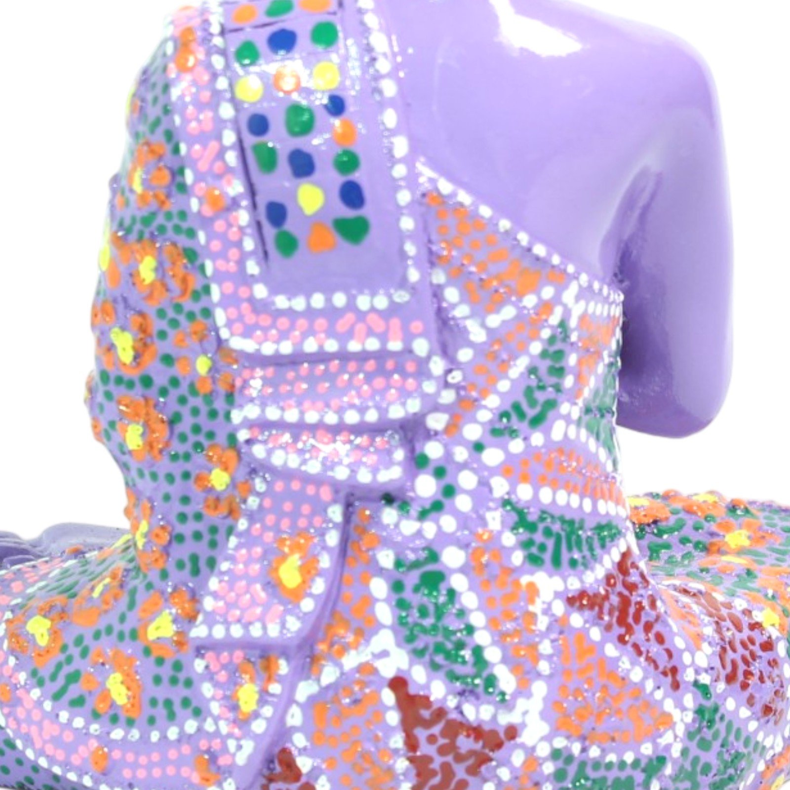 Close-up of the painted robe pattern on the back of the shoulder in violet, orange, and green tones