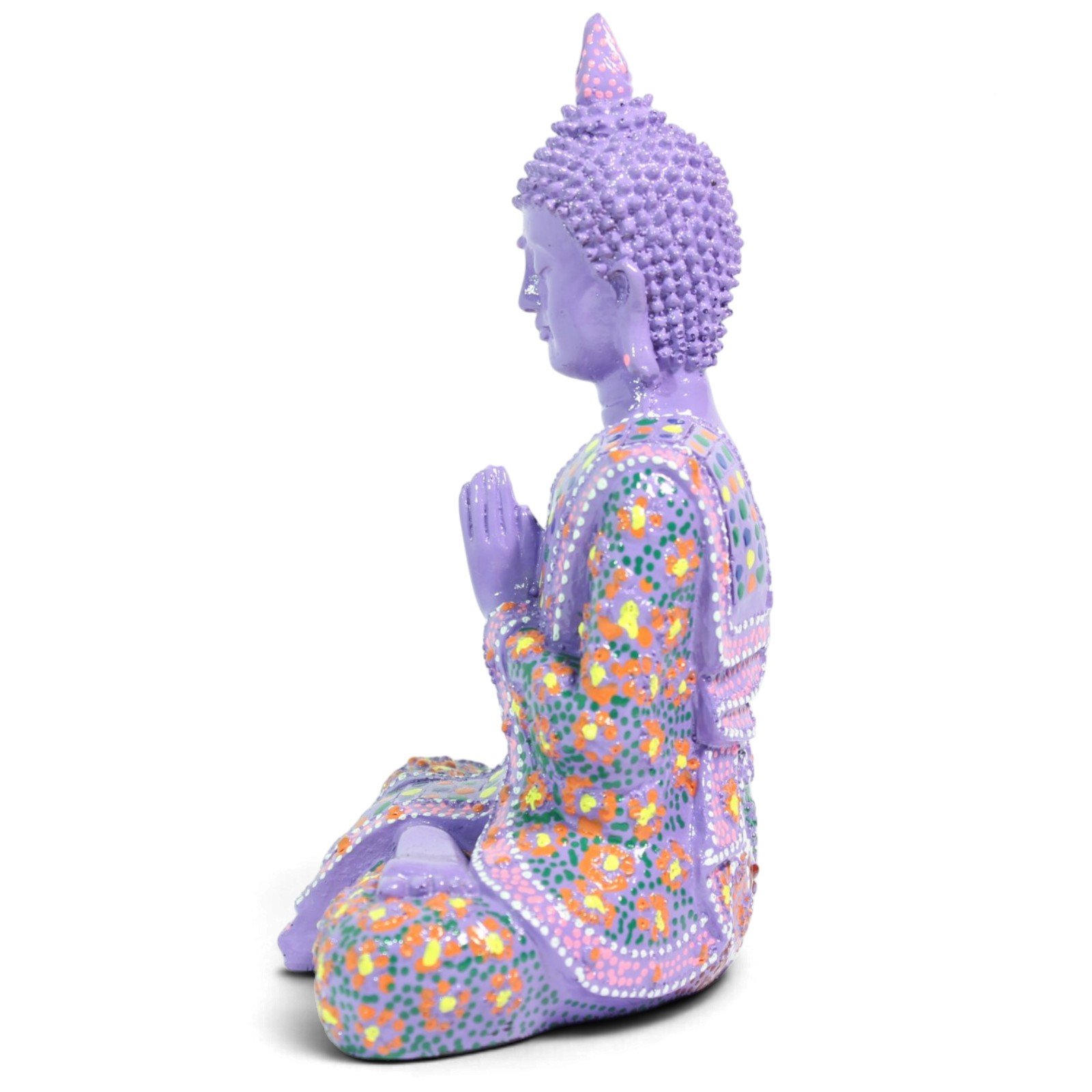 Side profile view of the violet Buddha figurine showing the robe drape and folded hands