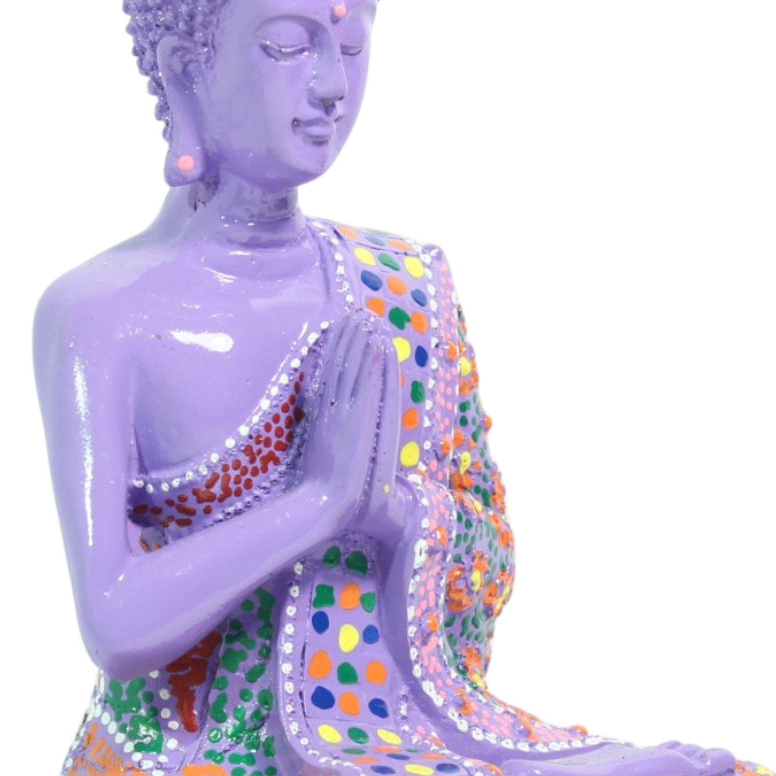 Close-up of the upper torso showing the serene face and painted robe edge