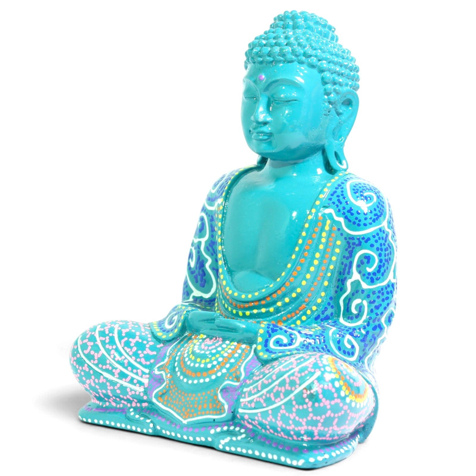 Three-quarter angle view of the seated Buddha figurine