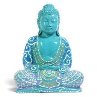 Front view of seated petrol-blue Buddha figurine with hand-painted dot patterns