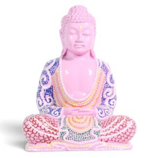 Front view of large pink hand-painted resin Buddha figurine in seated meditation pose