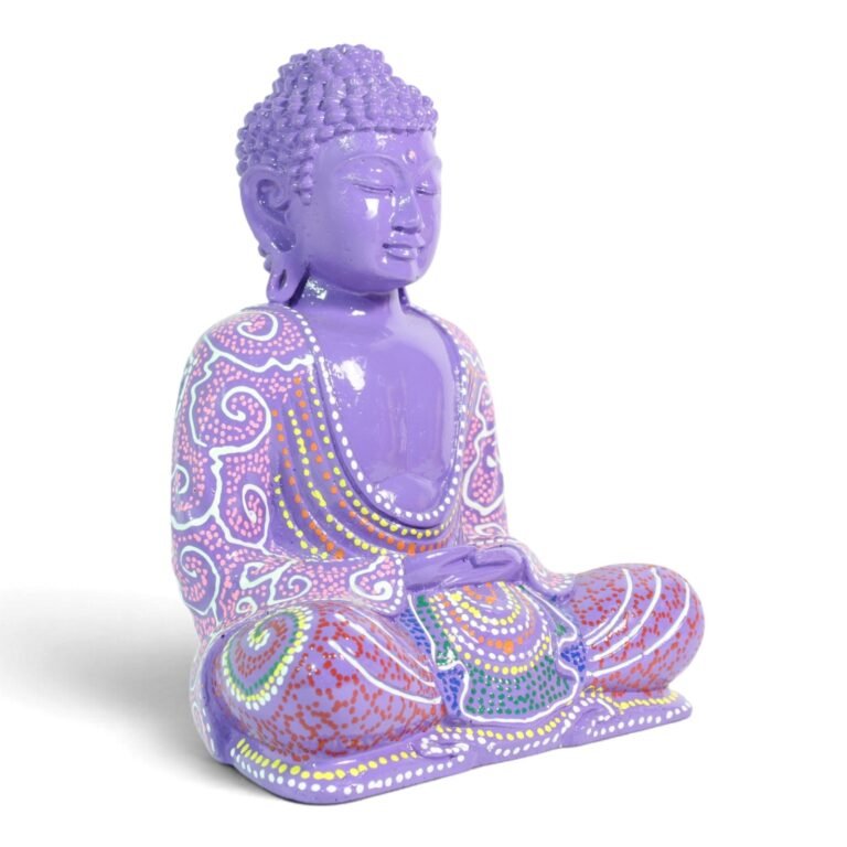 Three-quarter angle view of the purple painted Buddha figurine on a white background