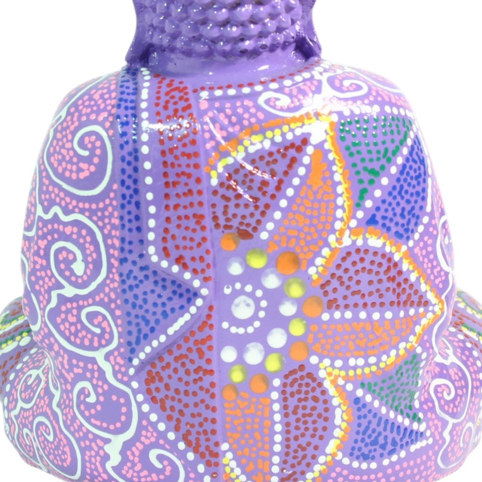 Close-up of the back of the Buddha's robe showing colorful dot-work mandala patterns