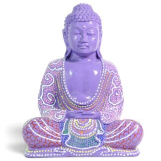 Front view of a purple painted resin Buddha figurine seated in meditation with colorful dot patterns