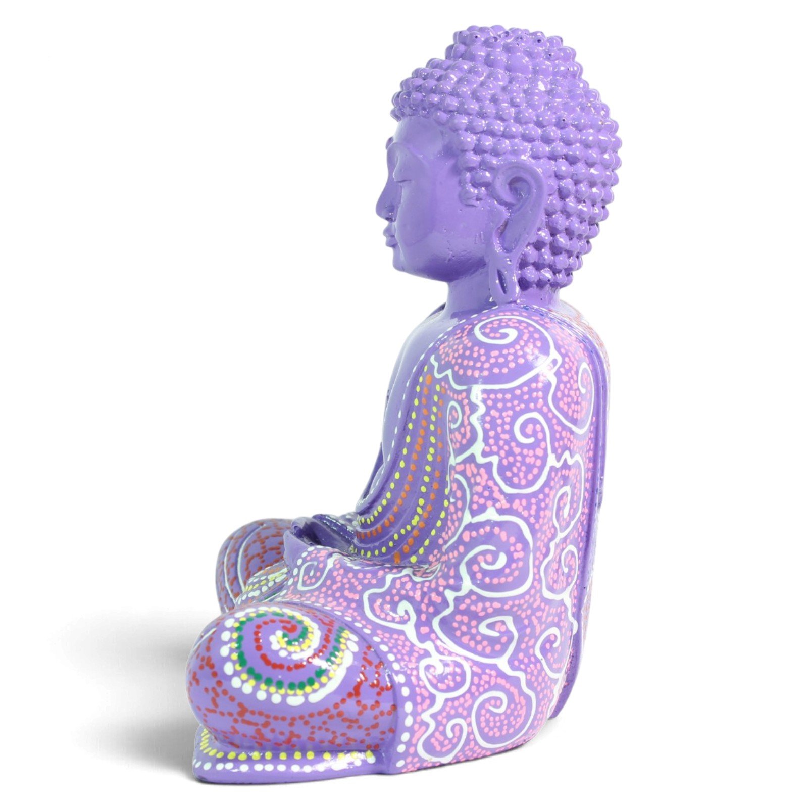 Side profile view of the purple Buddha figurine showing the robe draping and painted patterns