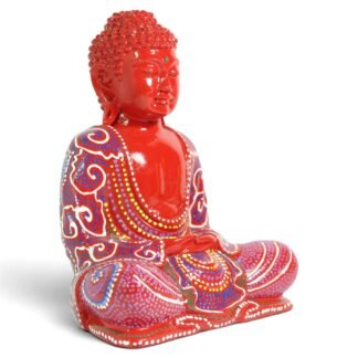 Red painted resin Buddha figurine, angled view showing hand-painted robe patterns