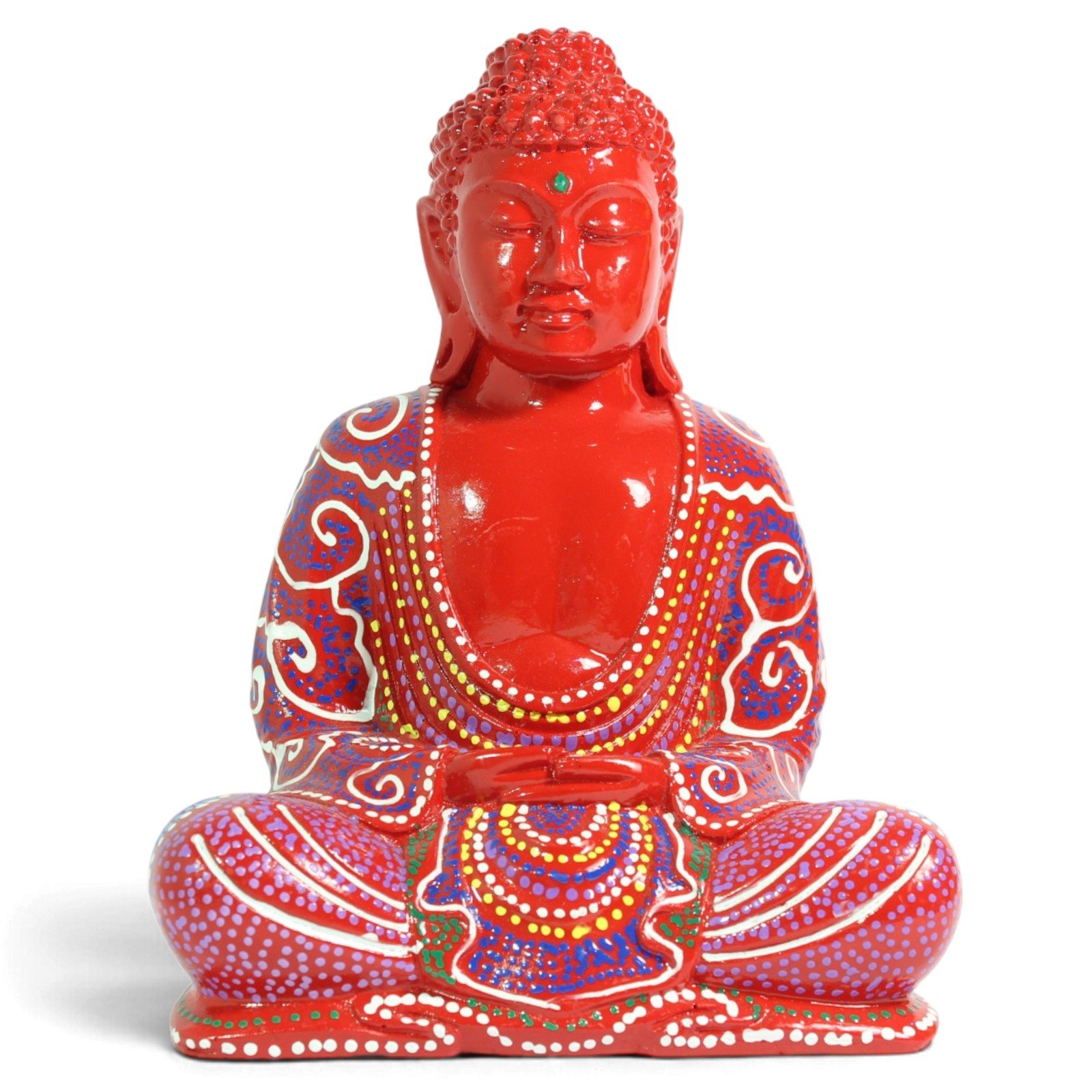 Front view of the red seated Buddha figurine with full painted robe pattern visible