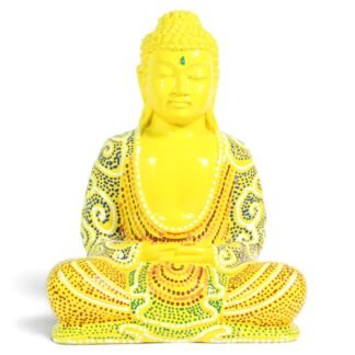 Front view of a hand-painted yellow resin seated Buddha figurine with dot-work robe patterns