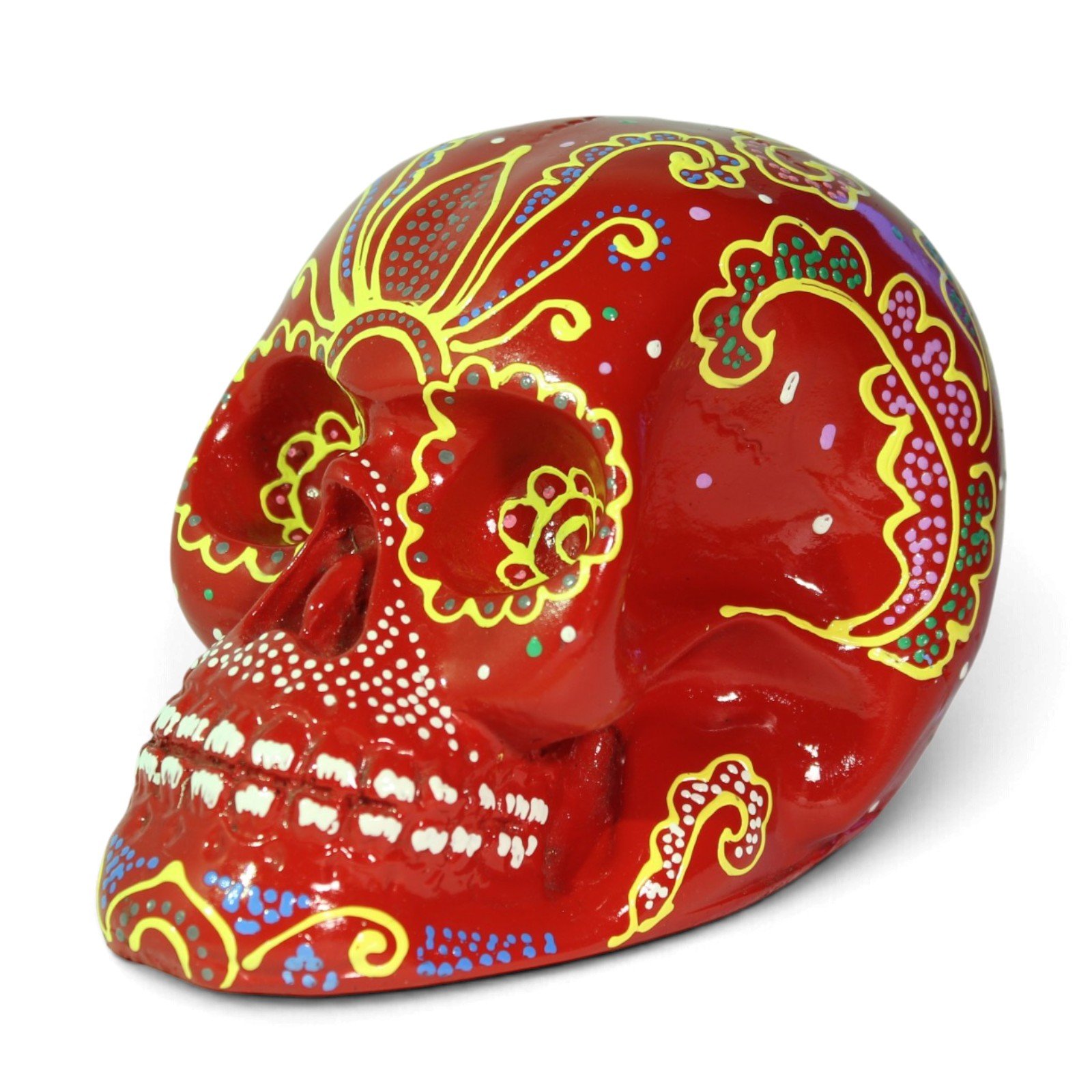 Right angle view showing the painted patterns across the skull's crown