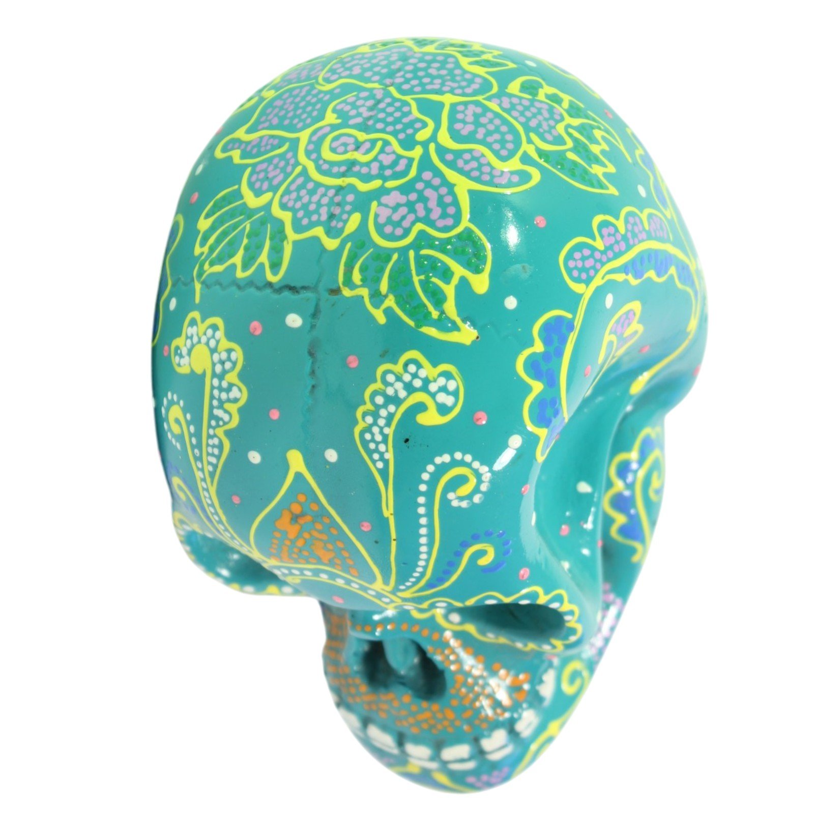 Rear three-quarter view of the skull showing floral pattern on the back