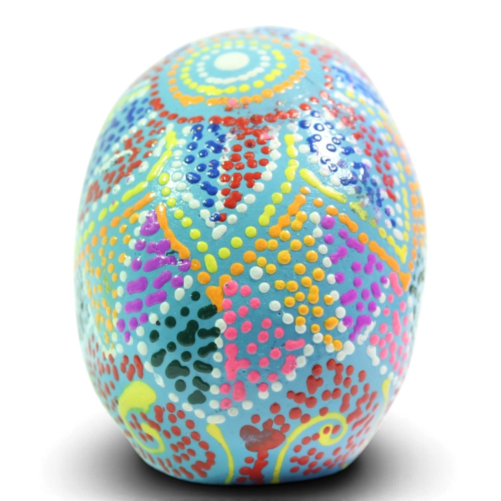 Top-down view of the skull's crown showing a mandala-like radial dot pattern in multiple colors
