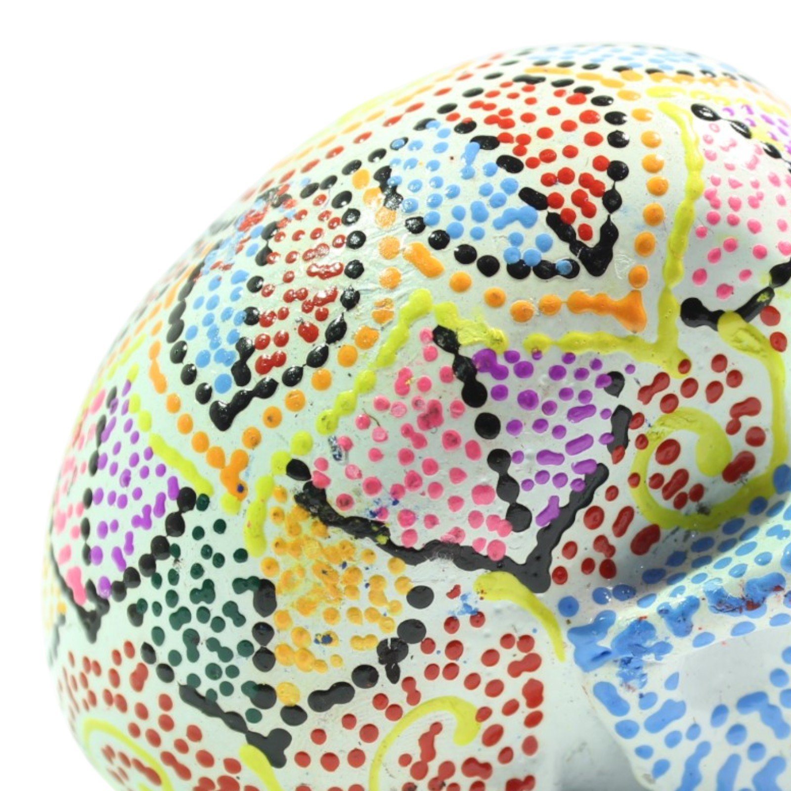 Angled close-up of the painted dot patterns across the skull's dome