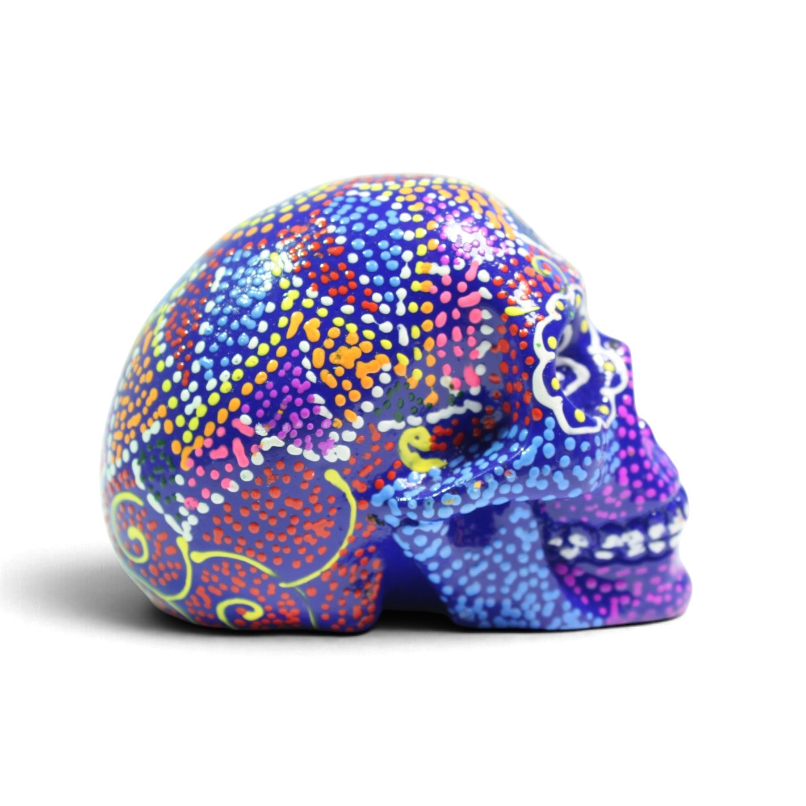 Right side view of the painted skull showing swirling yellow vine motifs and dot work