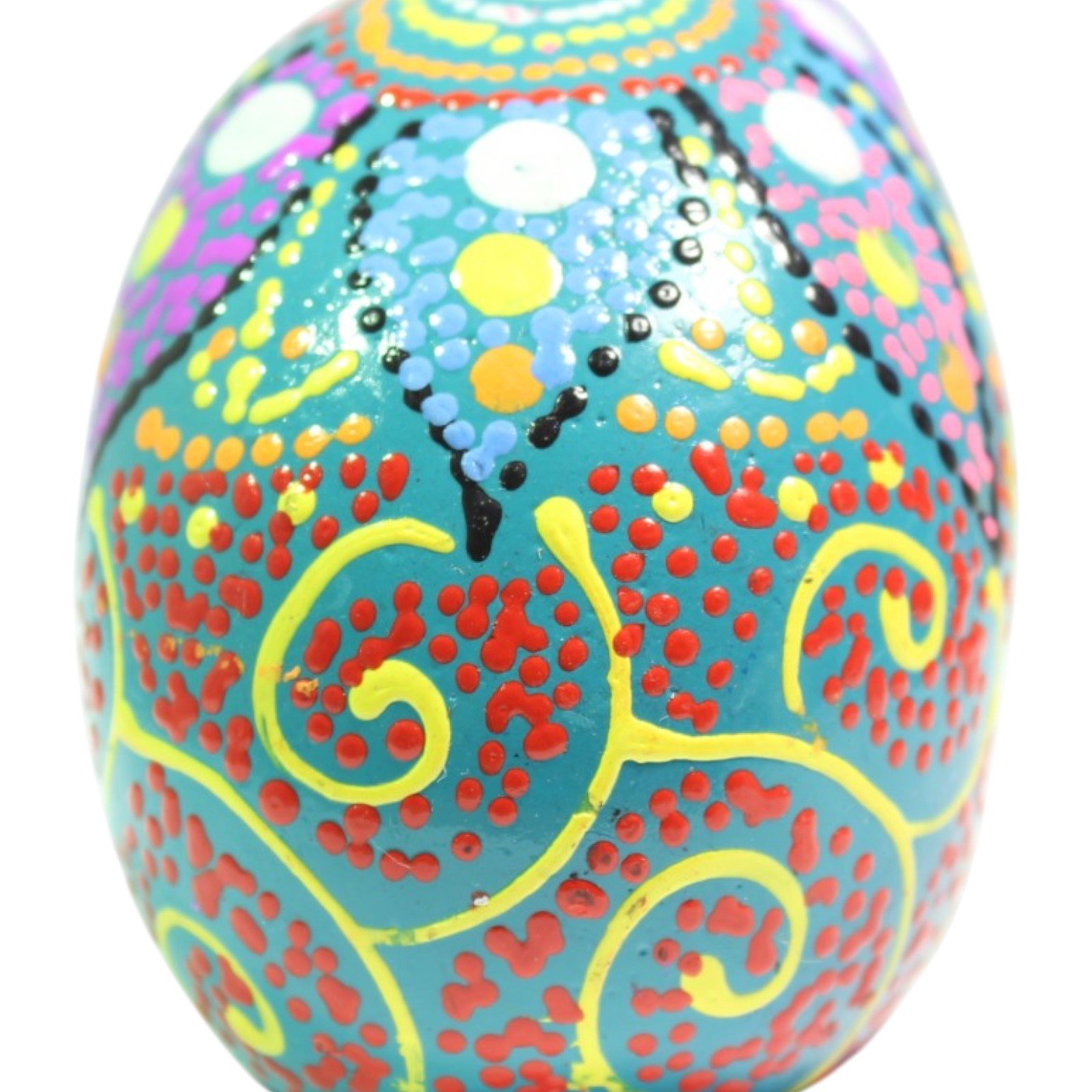Close-up of dot-painted crown of the skull showing colorful mandala pattern