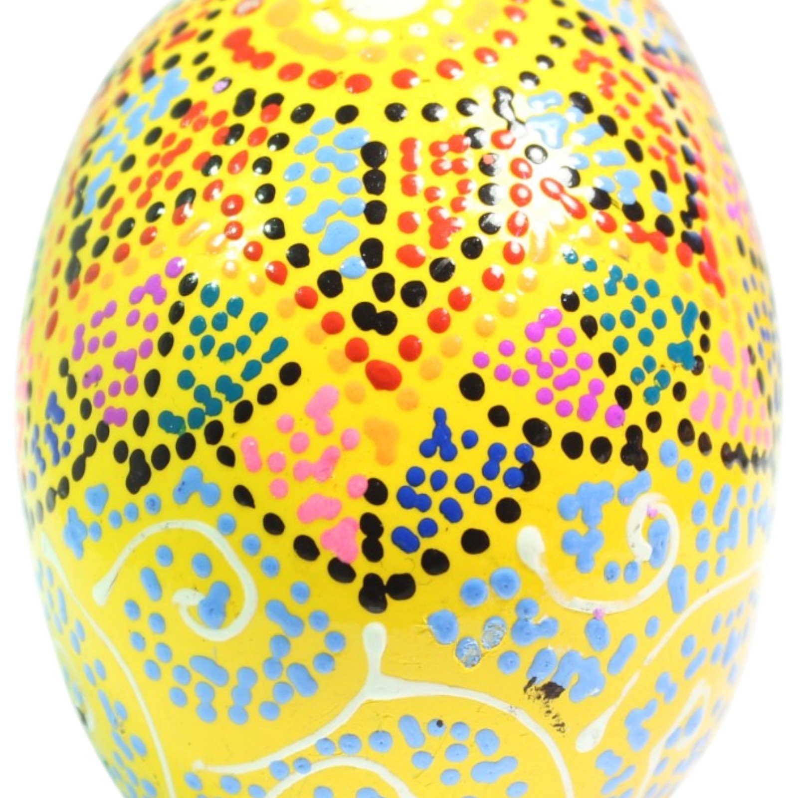 Close-up view of dense dot-painted design covering the back of the skull
