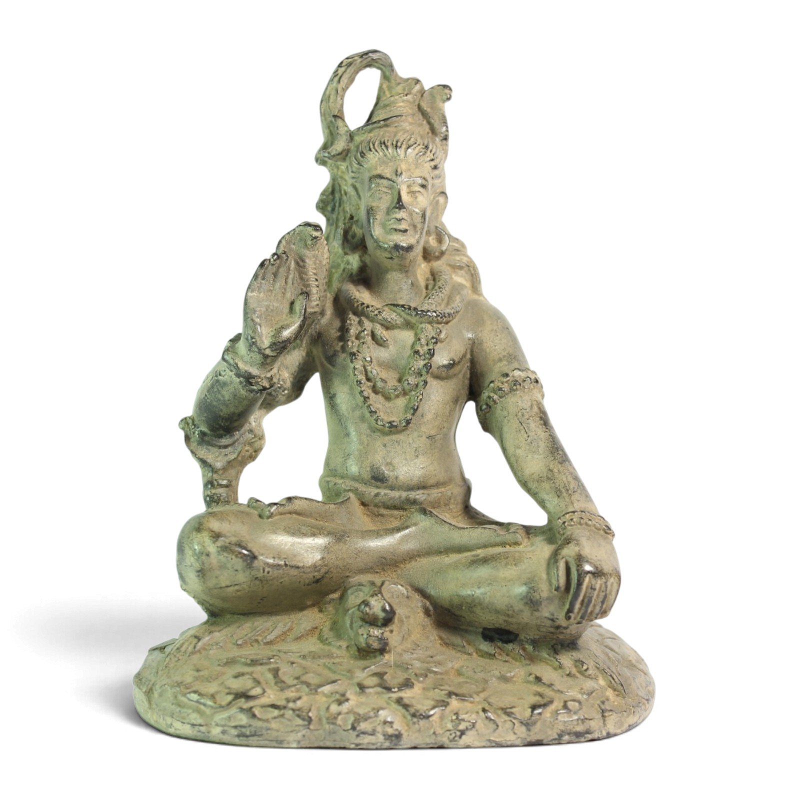 Front view of seated Shiva resin statue holding a conch shell, green-gold patina finish