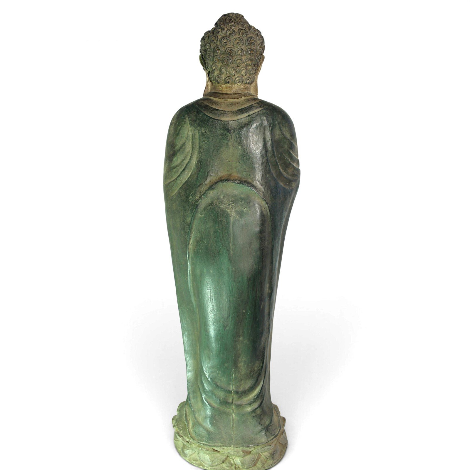 Back view of the standing Buddha statue showing green patina on robe