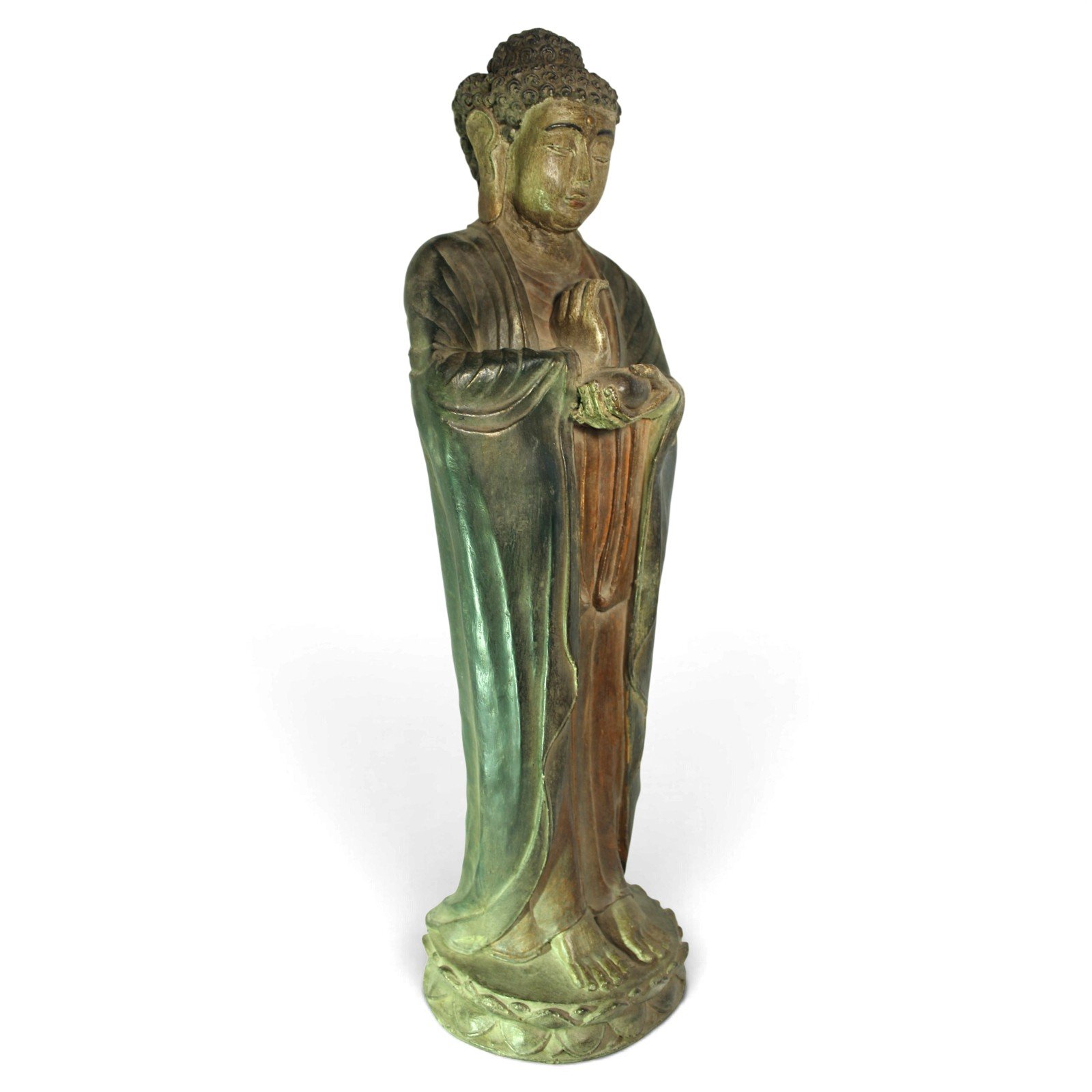Standing Buddha resin statue, three-quarter angle showing robe and hand detail