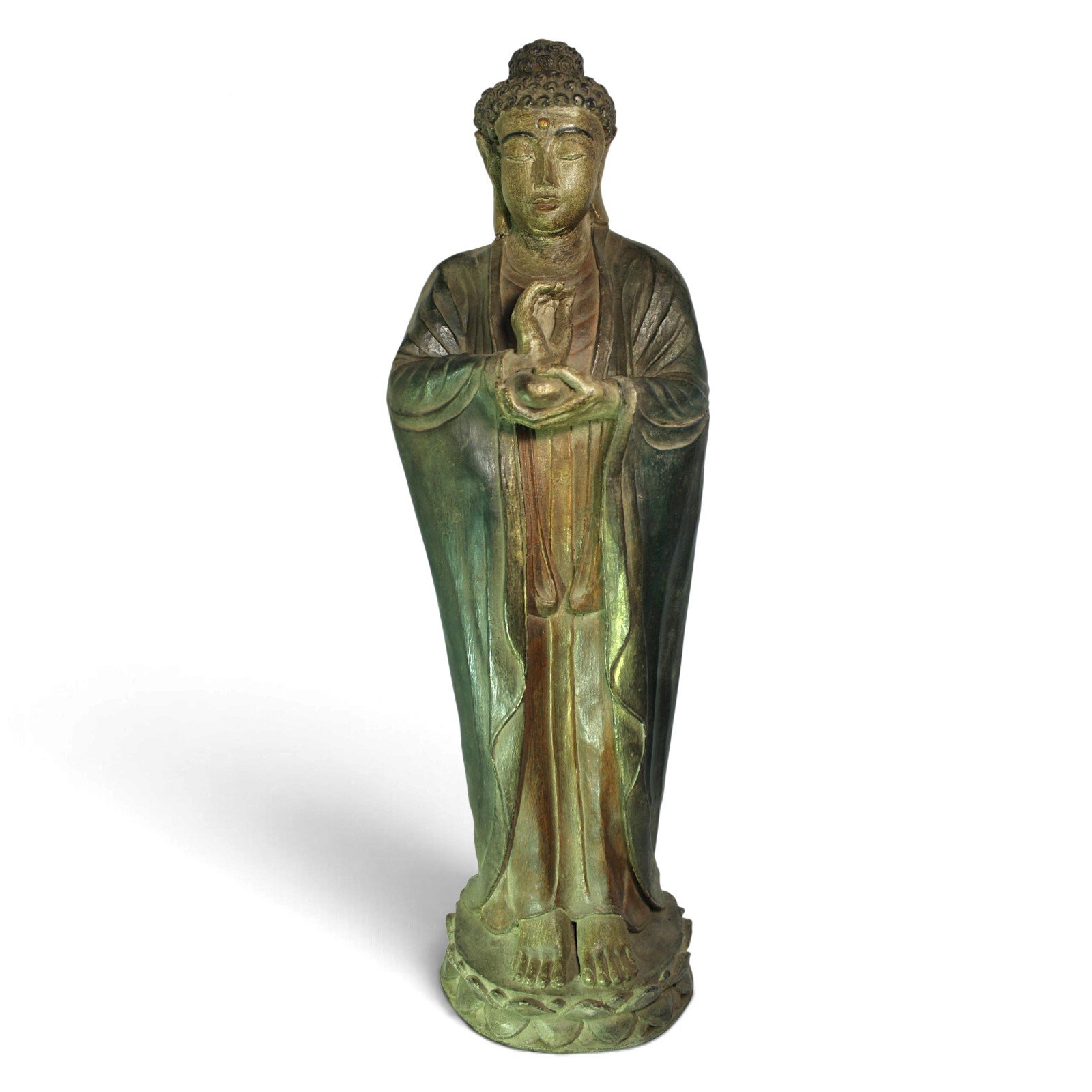 Standing Buddha statue viewed straight on against a white background