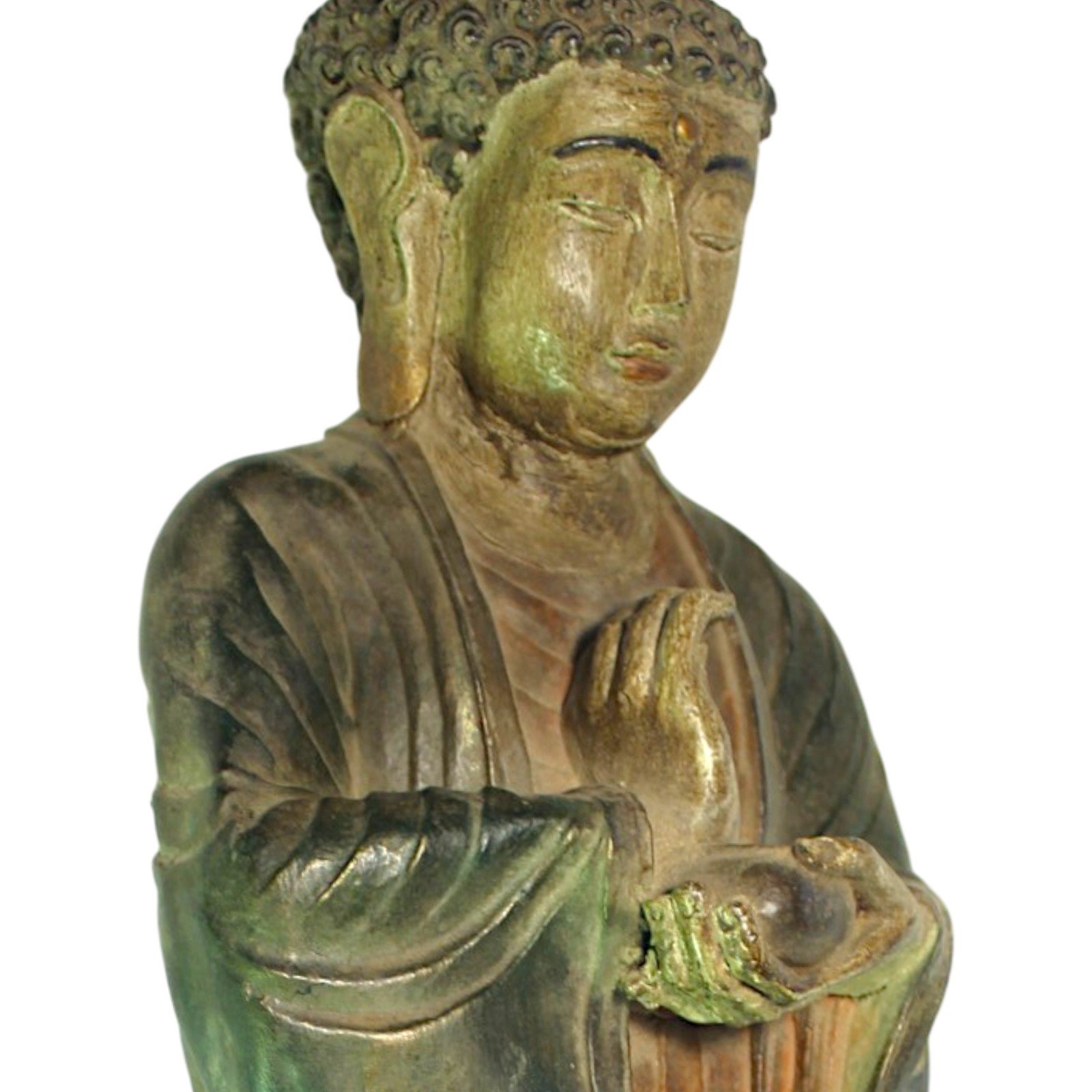 Close-up of the Buddha's face, hands, and robe folds showing hand-painted finish