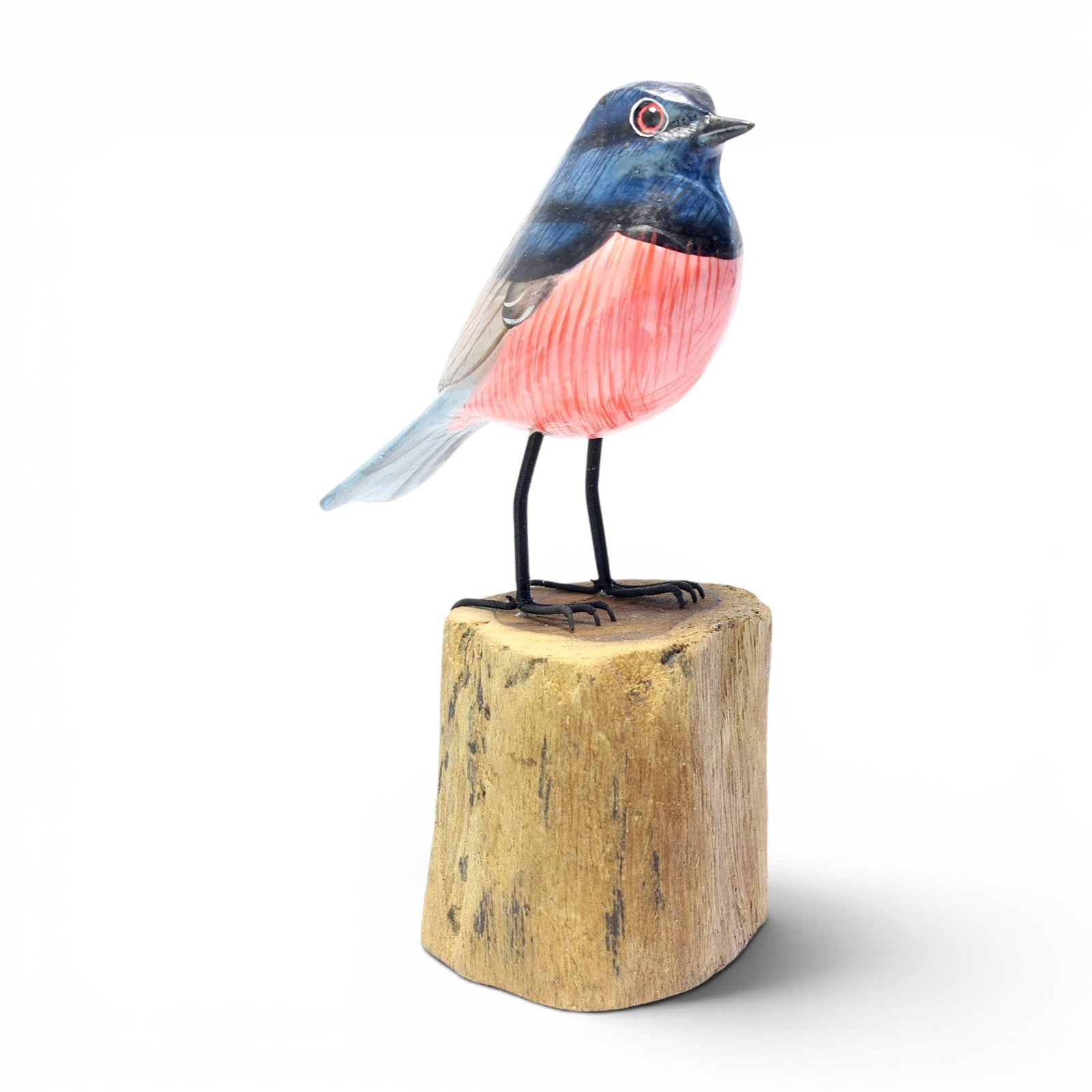 Angled right view of hand-painted wooden robin bird figurine