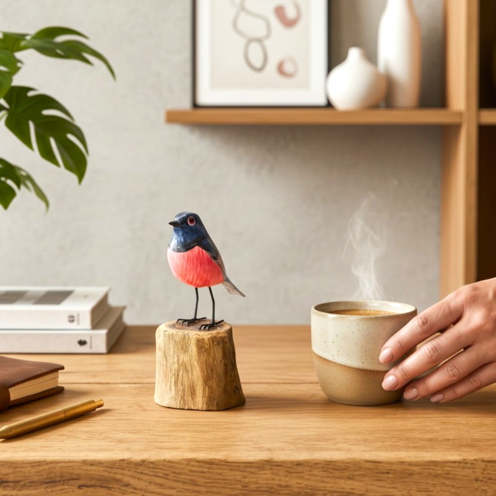 Wooden robin bird figurine displayed as home decor on a desk beside a coffee cup
