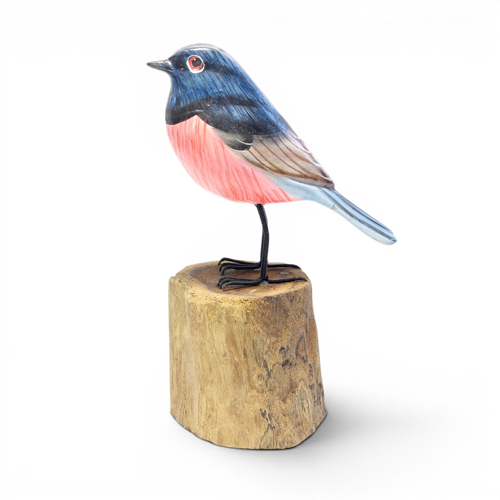 Left side view of hand-painted wooden robin bird figurine on natural wood stand