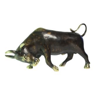 Hand-cast brass bull figurine with black patina and gold horns, side view