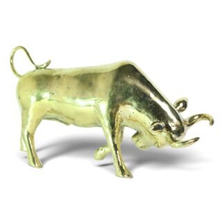 Solid brass bull figurine with gold finish, head lowered in a charging pose