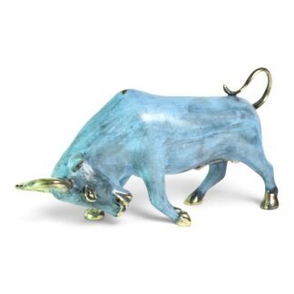 Hand-cast brass bull figurine with verdigris finish, side view showing lowered horns and curled tail