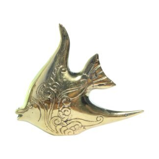 Hand-cast solid brass angelfish figurine with etched scroll detailing, front-left view